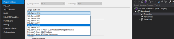 A screenshot of the project settings for the solution. The dropdown menu for 'Target Platform' has been selected, and all supported MSSQL database sources are presented as options. These are: SQL Server 2005, 2008, 2012, 2014, 2016, 2017, 2019 or Azure SQL Database Managed Instance, Microsoft Azure SQL Database, and Microsoft Azure SQL Data Warehouse.