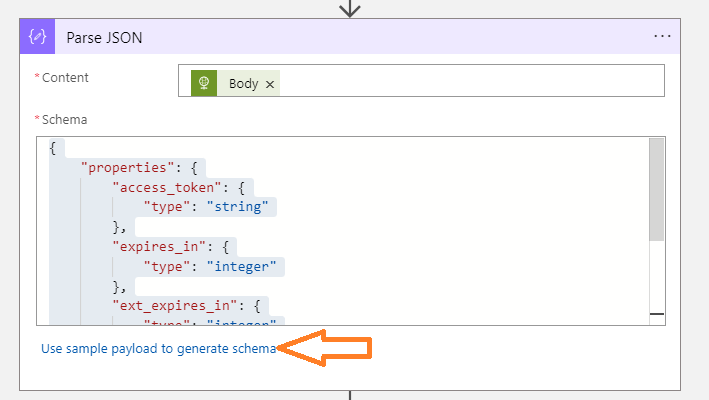 Screenshot of the 'Parse json' activity in the Logic app designer. The task is taking the body of the response from the HTTP call as an input, and parsing the json response. There is an orange arrow pointing to the 'Use sample payload to generate schema' button.